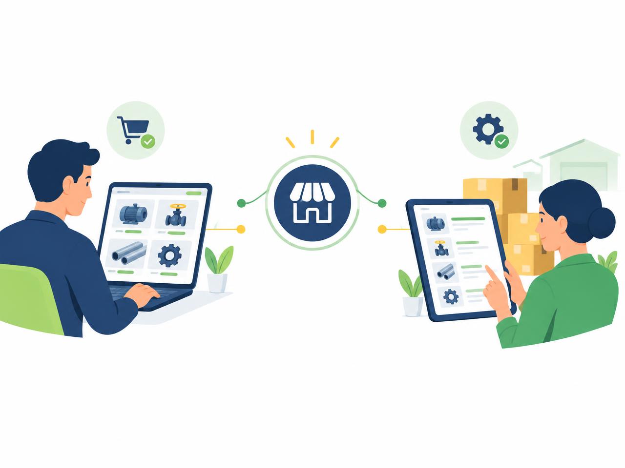 A buyer browsing products and a seller managing a catalogue, connected through one marketplace